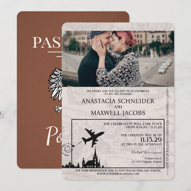 Convite para Casamento de Passaporte Polônia Casta (Frente/Verso)