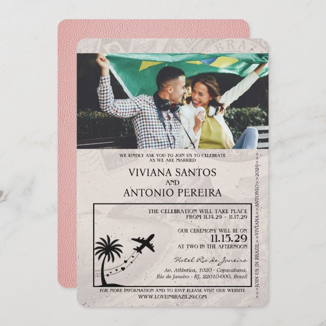 Convite para Casamento de Passaporte Rosa Brasil (Frente/Verso)