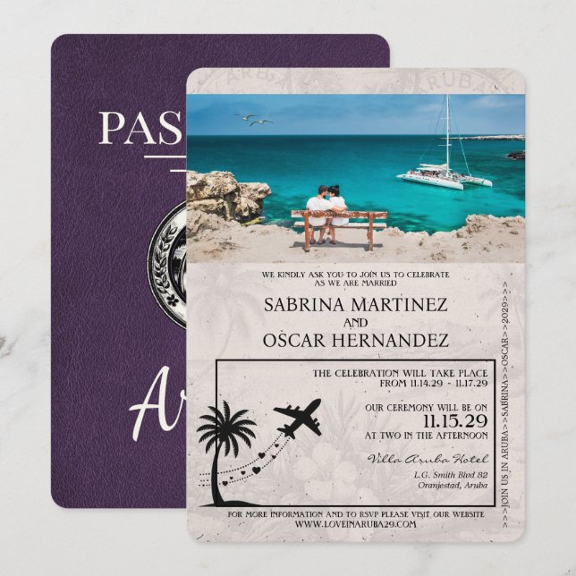 Convite Para Casamento De Passaporte Violet Purple (Frente/Verso)