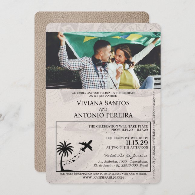 Convite para Casamento de Passaportes Beige Brasil (Frente/Verso)