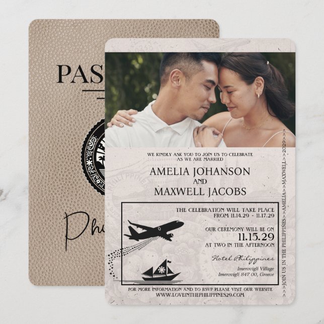 Convite para Casamento de Passaportes Beige Filipi (Frente/Verso)