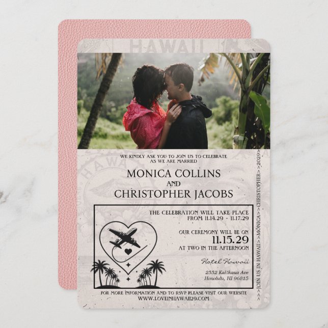 Convite para Casamento de Passaportes do Havaí Ros (Frente/Verso)