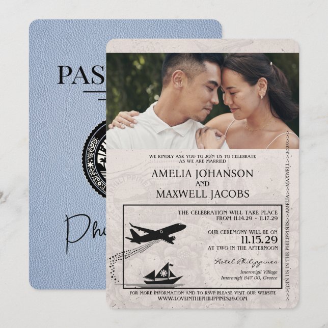 Convite para Casamento de Passaportes Dusty Blue F (Frente/Verso)