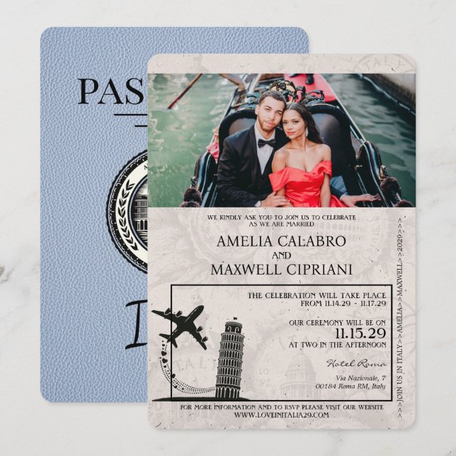 Convite para Casamento de Passaportes Dusty Blue I (Frente/Verso)