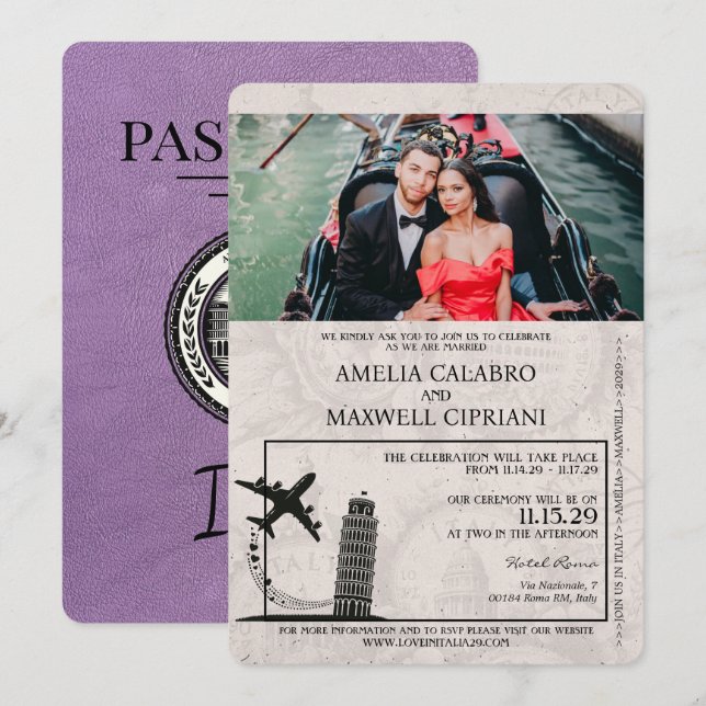 Convite para Casamento de Passaportes Itália lavan (Frente/Verso)