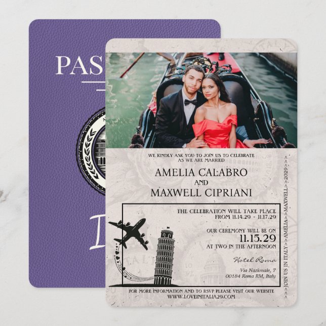 Convite para Casamento de Passaportes Lilac Itália (Frente/Verso)