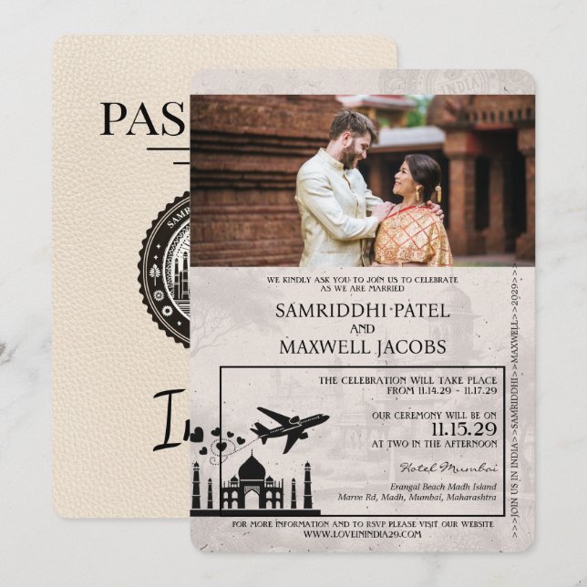 Convite para Casamento de Passaportes na Índia de  (Frente/Verso)