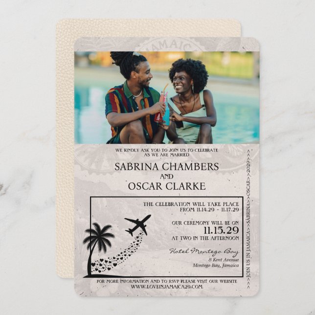 Convite para casamento de passaportes na Jamaica d (Frente/Verso)