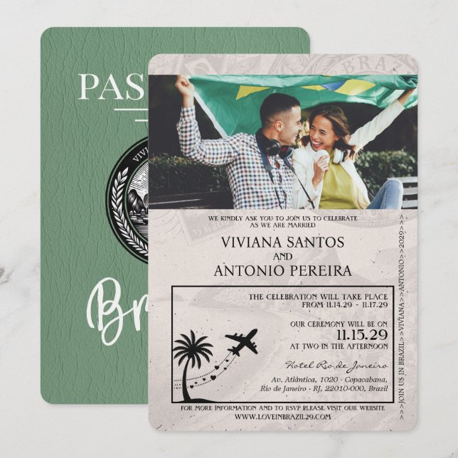 Convite para Casamento de Passaportes Sage Green B (Frente/Verso)