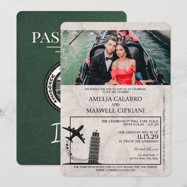 Convite para Casamento de Passaportes Verdes na It (Frente/Verso)
