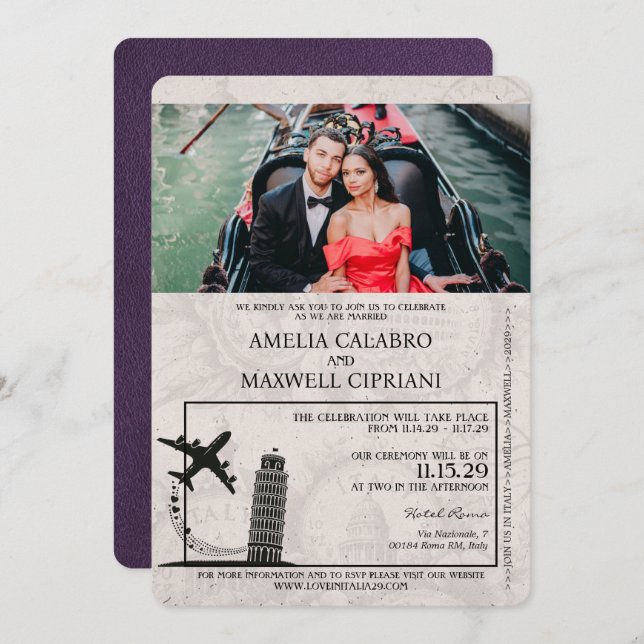 Convite para Casamento de Passaportes Violet Itáli (Frente/Verso)
