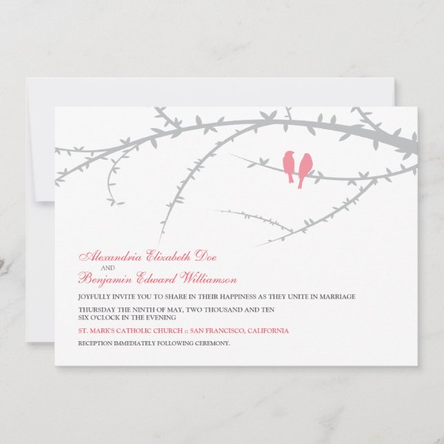 Convite para Casamento de Pássaros de Amor (rosa) (Frente)