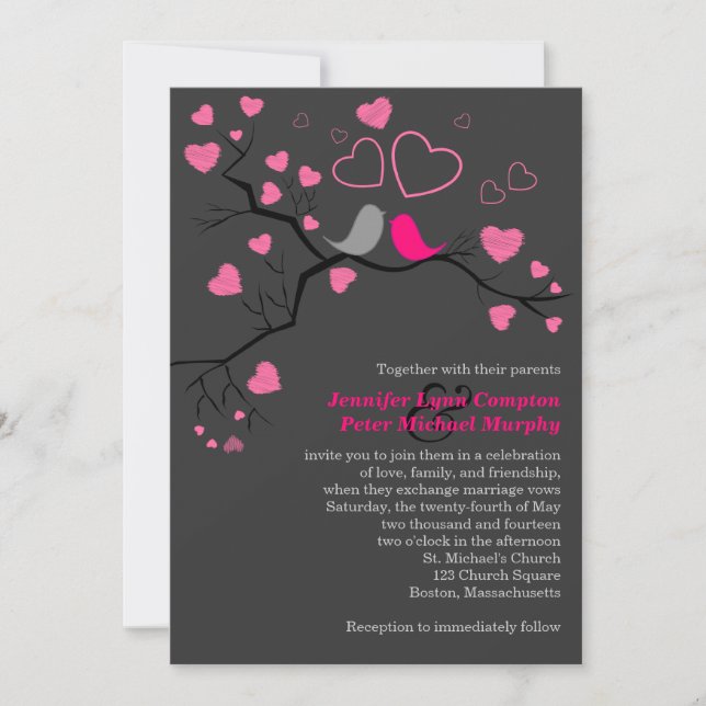 Convite para Casamento de Pássaros e Corações Rosa (Frente)