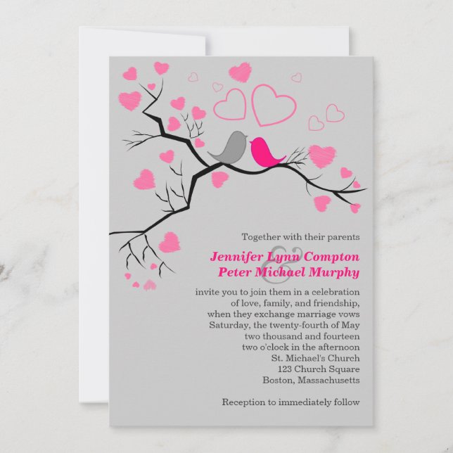 Convite para Casamento de Pássaros e Corações Rosa (Frente)
