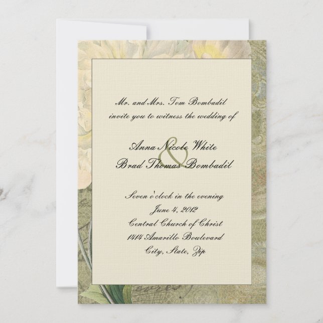 Convite Para Casamento De Pedônias Brancas Vintage (Frente)