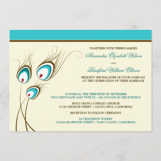 Convite para Casamento de Penas de Pavão (aqua)