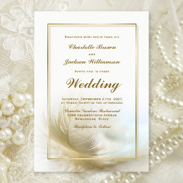 Convite para Casamento de Penas Douradas Elegante