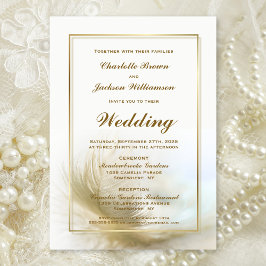 Convite para Casamento de Penas Douradas Elegante