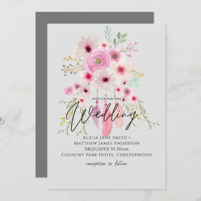 Convite para Casamento de Penas Florais Mauve BOHO (Frente/Verso)