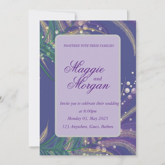 Convite para Casamento de Penas Roxas Elegante (Frente)