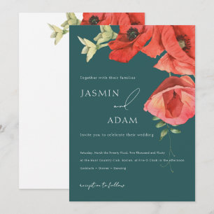 Convite para Casamento de Poppies Verdes e Vermelh