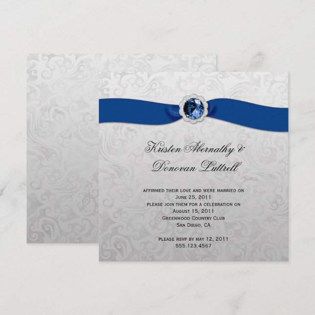 Convite para Casamento de Posto Gem Silver Blue Ri (Frente/Verso)