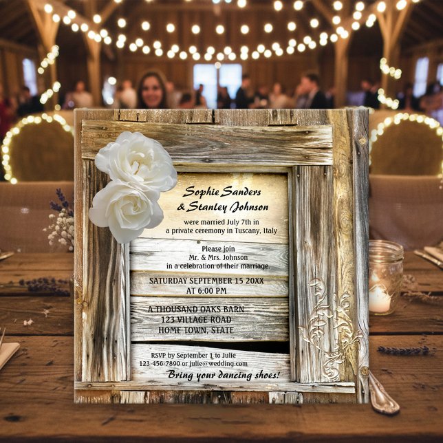 Convite para Casamento de Posto Rustic Wood Barn (Post wedding invitation or reception only invitation featuring white roses on rustic wood)