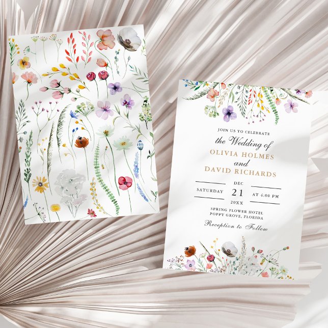 Convite para Casamento de Prados de Flores Selvage (Watercolor Wildflower Meadow Wedding Invitation on a sunny neutral dry palm leaf.)