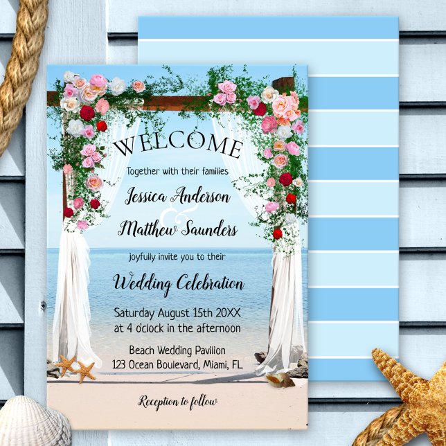 Convite para Casamento de Praia de rosa Arbor (Beach wedding invitation featuring a pretty scene of a rose arbor and a view on the ocean)