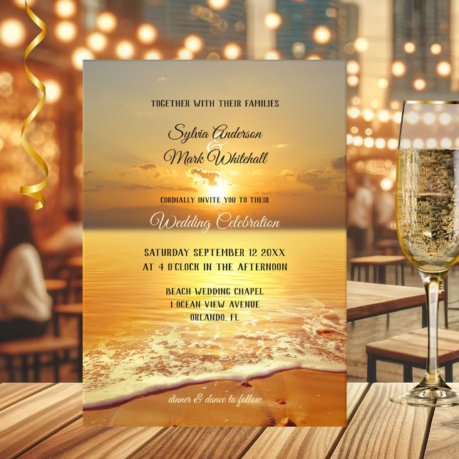 Convite para Casamento de Praia de Sunset ouro (Beach or destination wedding invitation featuring a painting of a sunset on the beach)