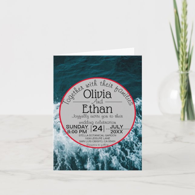 Convite para Casamento de praia marinho azul-cláss (Frente)