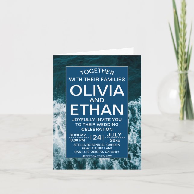 Convite para Casamento de praia marinho azul-cláss (Frente)