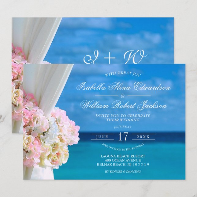 Convite para Casamento de Praia no Oceano Floral E (Frente/Verso)