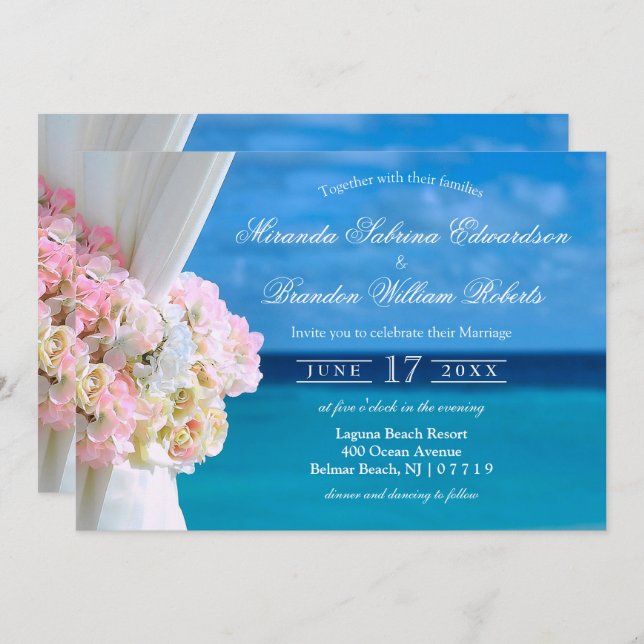 Convite para Casamento de Praia no Oceano Floral E (Frente/Verso)