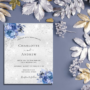 Convite para casamento de prata azul floral