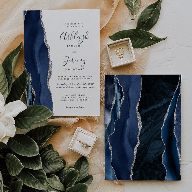 Convite para Casamento de Prata Azul Marinho de Ag (Criador carregado)