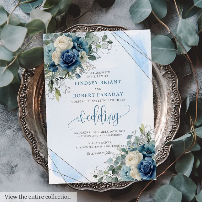 Convite para Casamento de Prata Branca Azul Chic D (Chic Dark Blue White Silver Wedding Invitation Card)