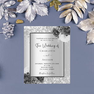 Convite para casamento de prata floral monocromáti