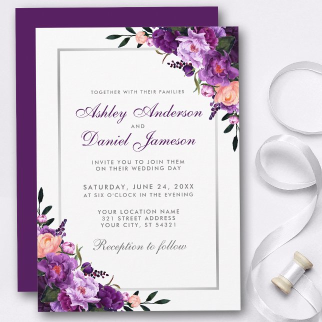 Convite para Casamento de Prata Floral Violeta Rox (Customize to change text color, style, add text & photos to back or change color of back of card.)
