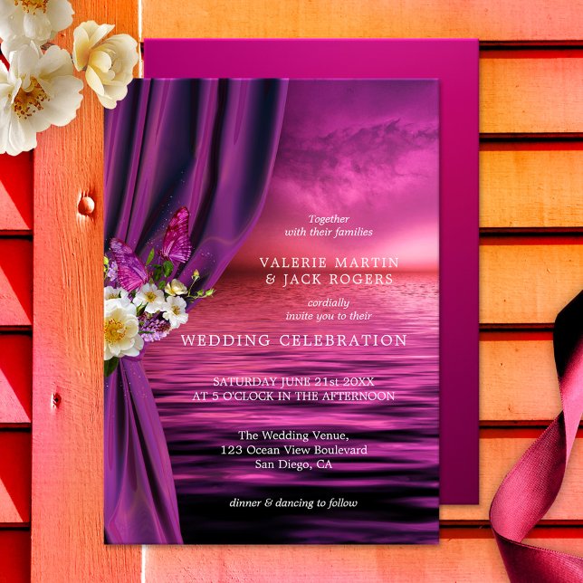 Convite para Casamento de Púrpura de Borboleta Mág (A whimsical bohemian wedding invitation featuring an ocean in purple with romantic roses)