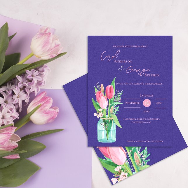 Convite para Casamento de Púrpura e Pincel Mason J (Purple & Blush Tulip Mason Jar Wedding Invitation Postcard)