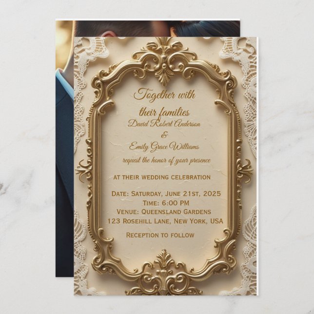 Convite para Casamento de Quadro Dourado Elegante (Frente/Verso)