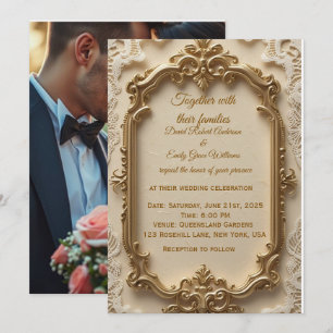 Convite para Casamento de Quadro Dourado Elegante