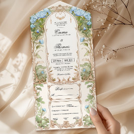 Convite para Casamento de Quadro Floral Azul e Dou