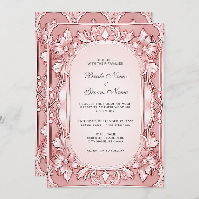 Convite para Casamento de Quadro Floral Rosa (Frente/Verso)