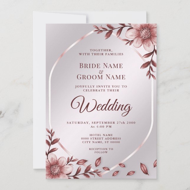 Convite para Casamento de Quadro Floral Rosa (Frente)