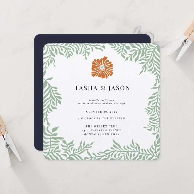 Convite para Casamento de Quadro Verde Floral Retr (Frente/Verso In Situ)