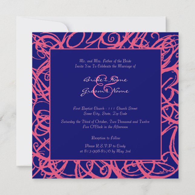 Convite para Casamento de Quadros de Cor Rosa e Az (Frente)