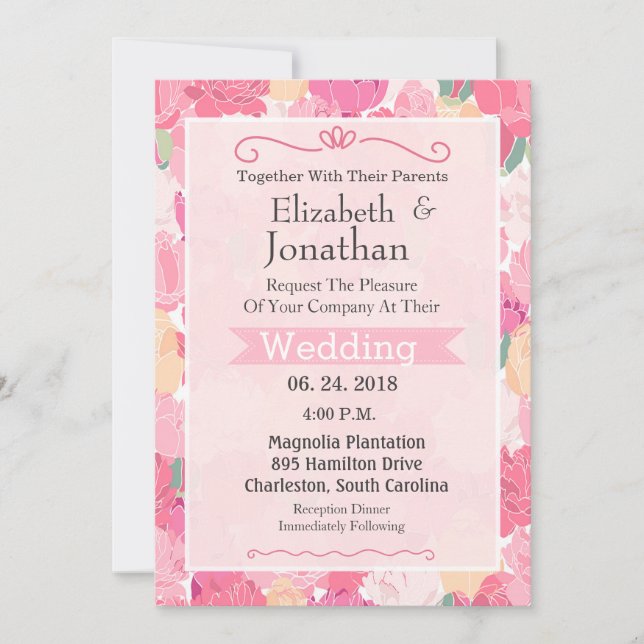 Convite para Casamento de Quadros de Flor Rosa (Frente)
