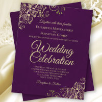 Convite para Casamento de Ricos Púrpura e Dourada